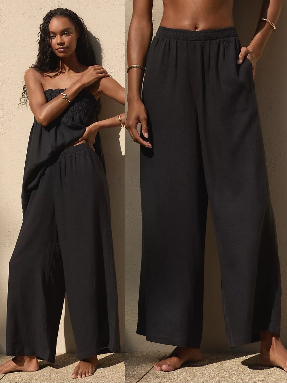 NWT Anthropologie Celandine Aubrey Smocked Linen Wide Leg Pants Black